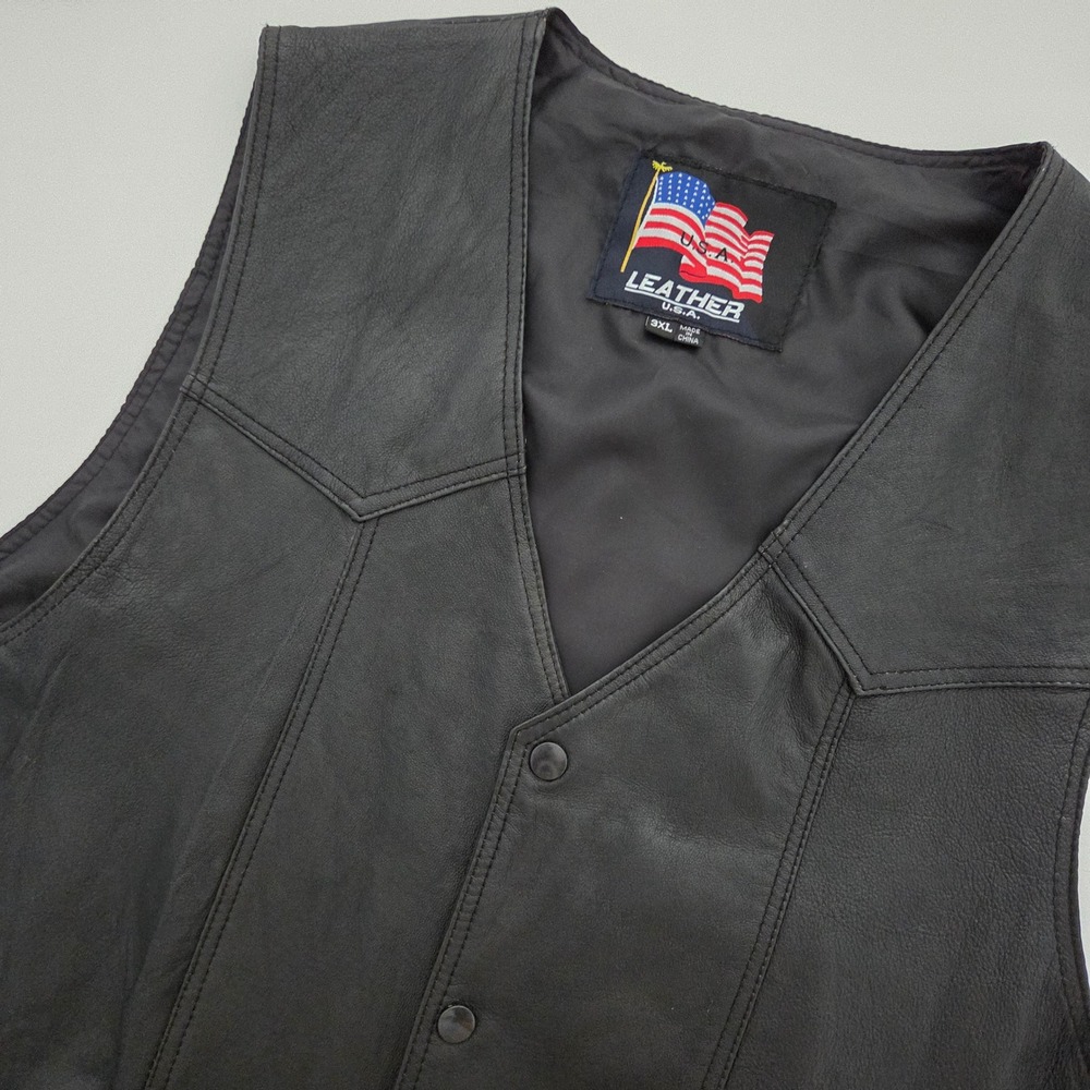 USA Leather Mens Black Leather Vest‎ 3XL Embroidered Cross Biker